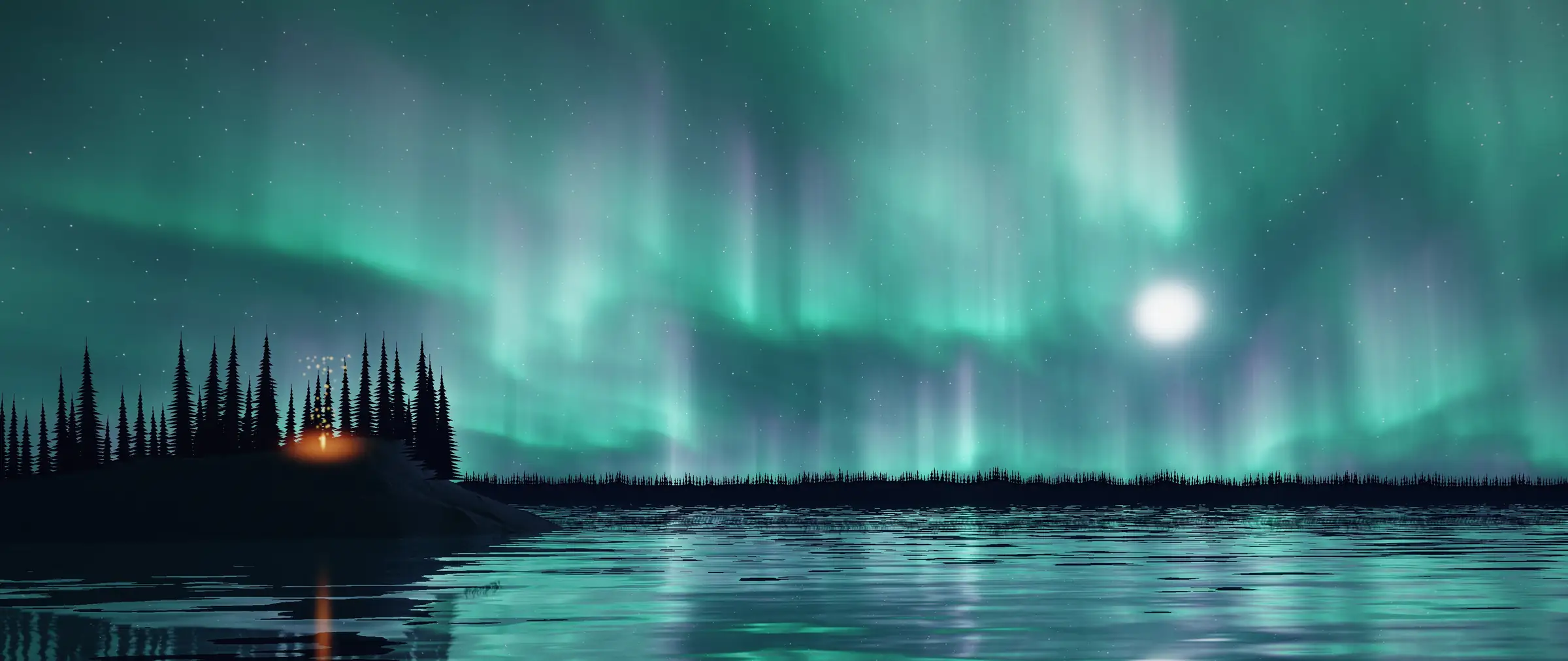Green aurora curtains over a dark lake and a pine forest, a campfire glowing among the trees