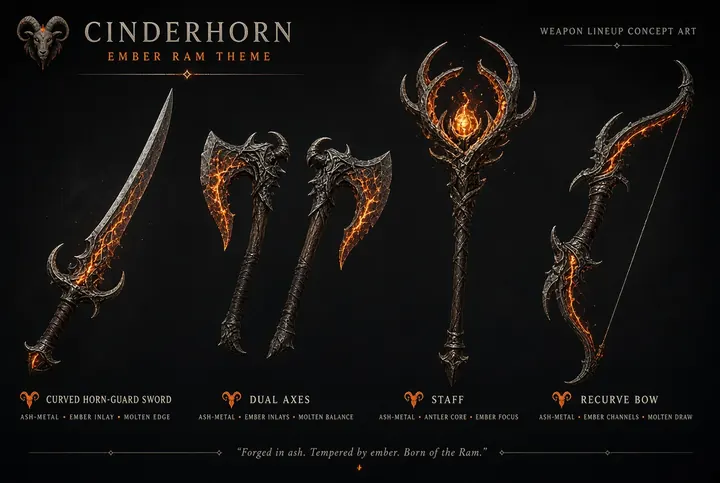 Cinderhorn Ember Ram weapon lineup concept