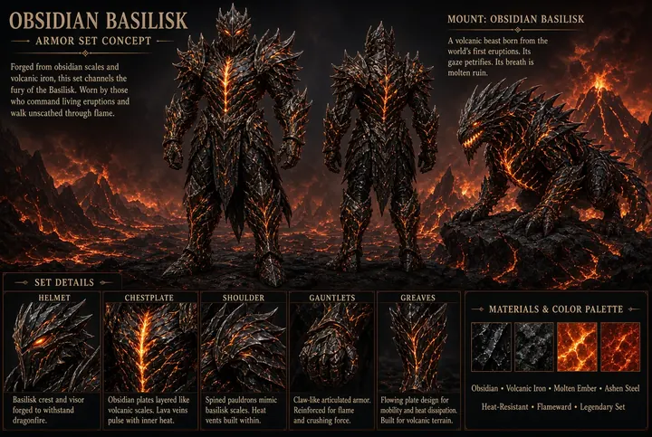 Obsidian Basilisk armor set concept, full plate with glowing lava cracks