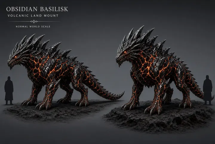 Obsidian Basilisk mount concept at normal world scale, a rider beside a crystalline lava-cracked beast