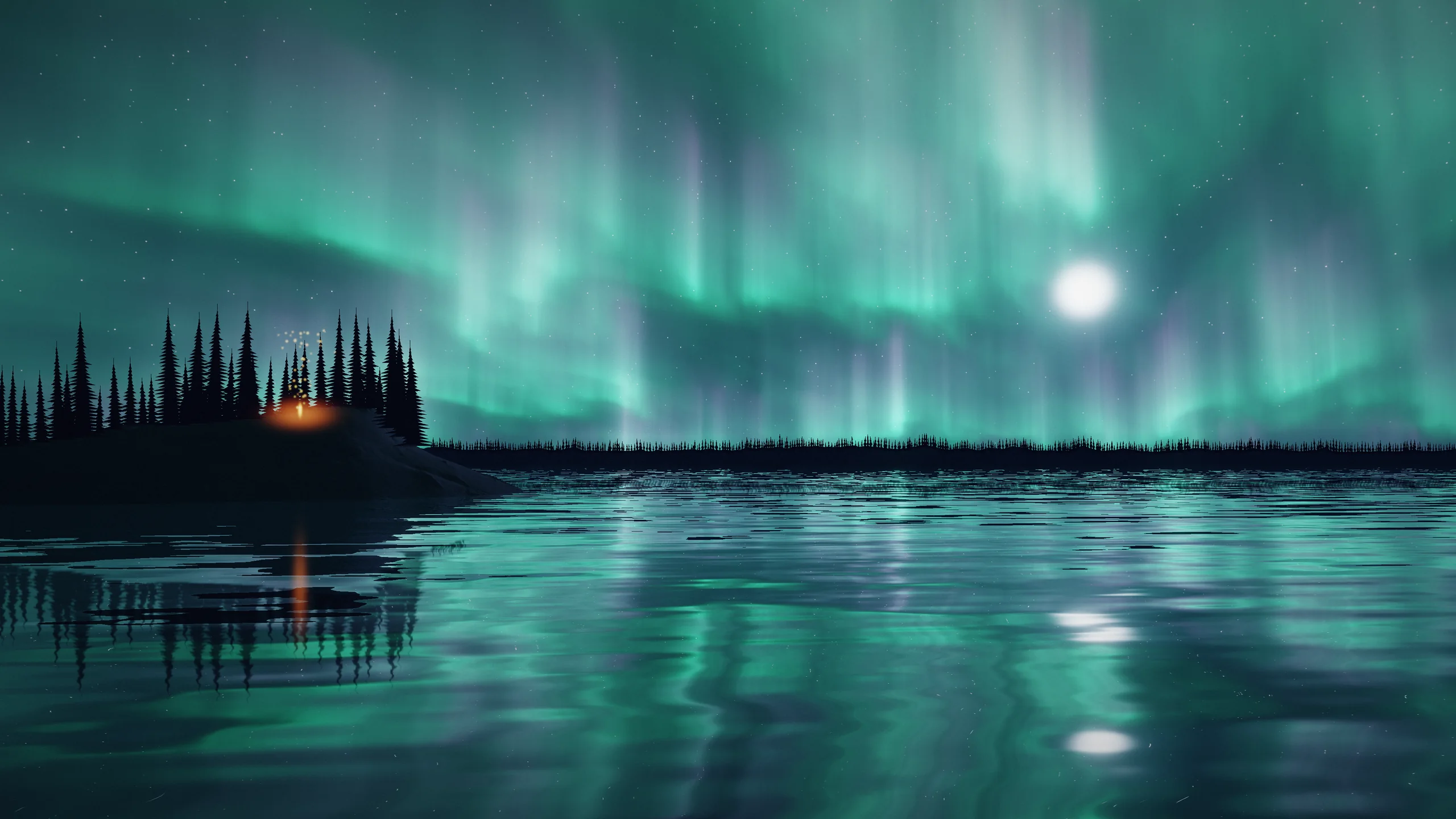 Northern lights over a still northern lake with a spruce-covered point